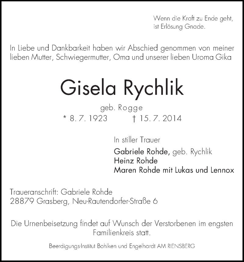 Traueranzeige von Gisela Rychlik von WESER-KURIER