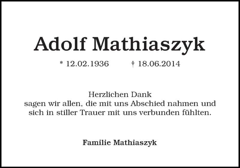 Traueranzeige von Adolf Mathiaszyk von WESER-KURIER