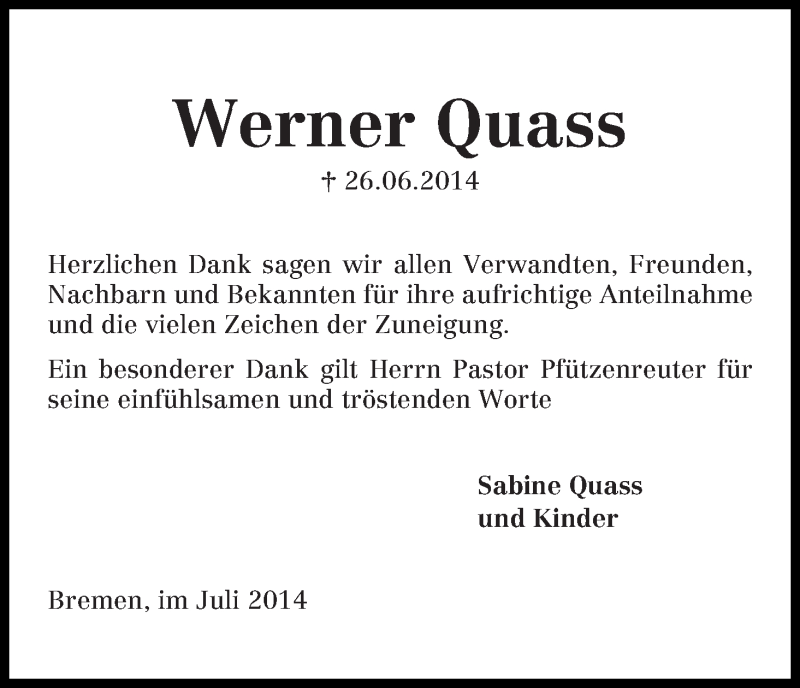 Traueranzeige von Werner Quass von Die Norddeutsche