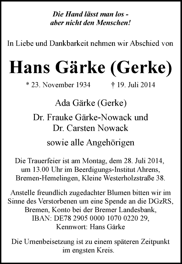Traueranzeige von Hans Gärke (Gerke) von WESER-KURIER