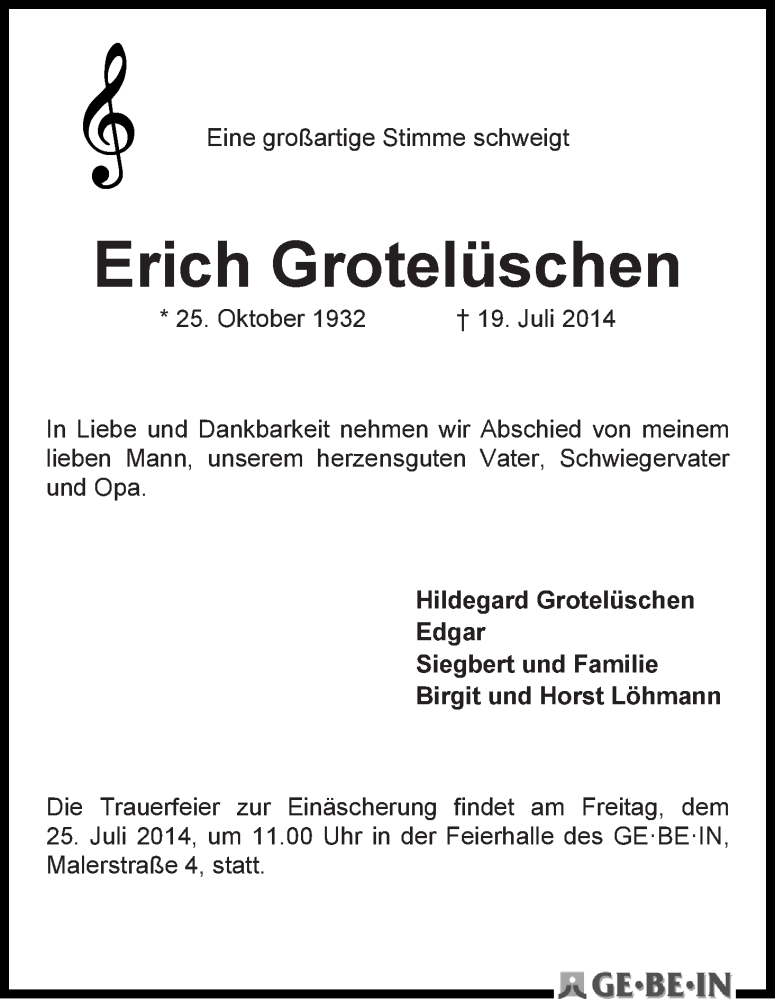 Traueranzeige von Erich Grotelüschen von WESER-KURIER