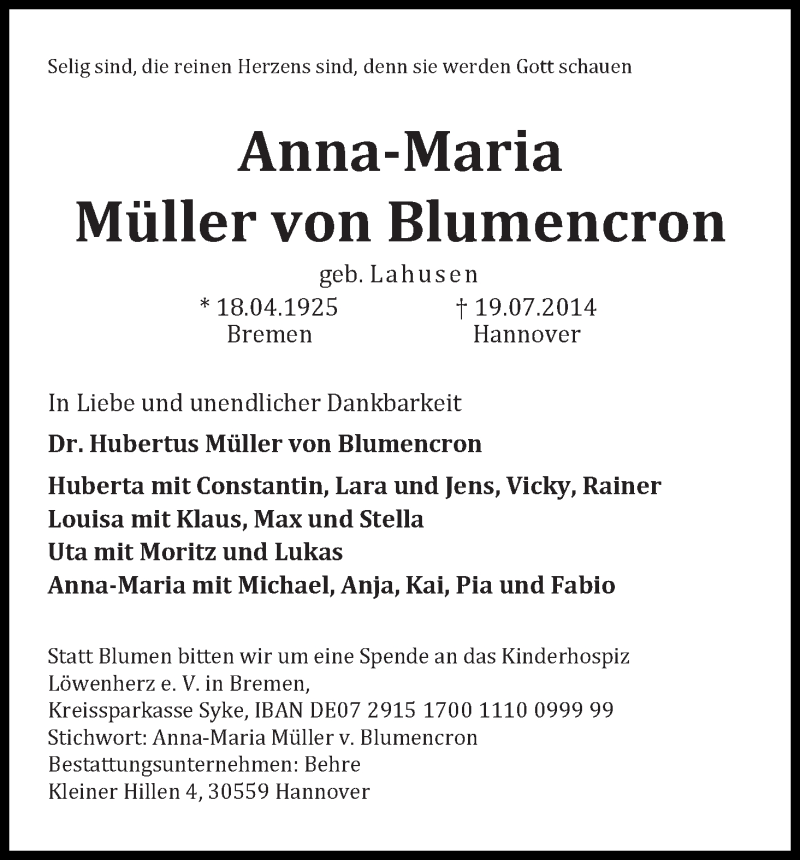 Traueranzeige von Anna-Maria Müller von Blumencron von WESER-KURIER