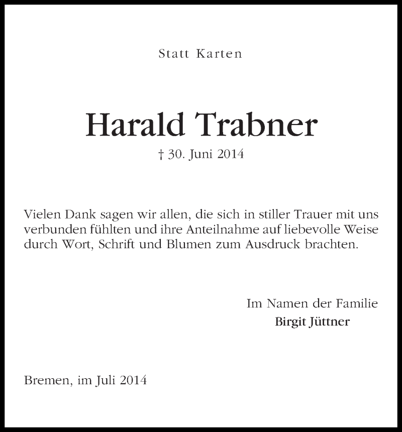 Traueranzeige von Harald Trabner von WESER-KURIER