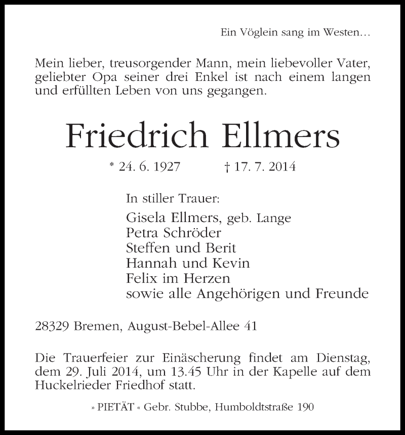 Traueranzeige von Friedrich Ellmers von WESER-KURIER