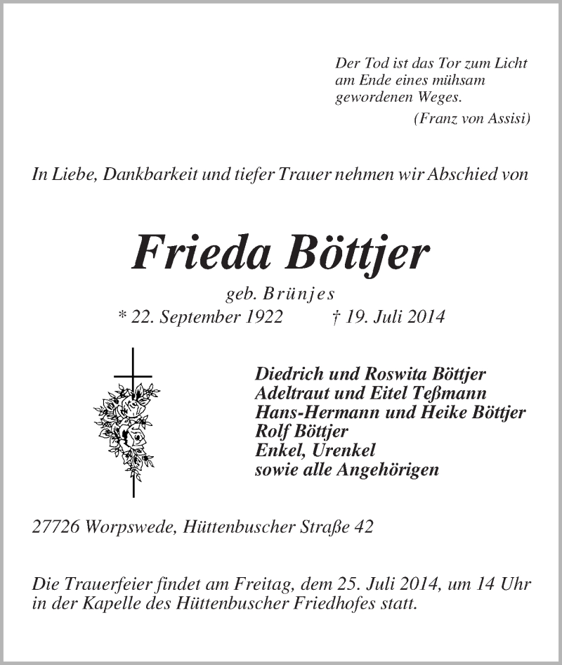 Traueranzeige von Frieda Böttjer von Wuemme Zeitung