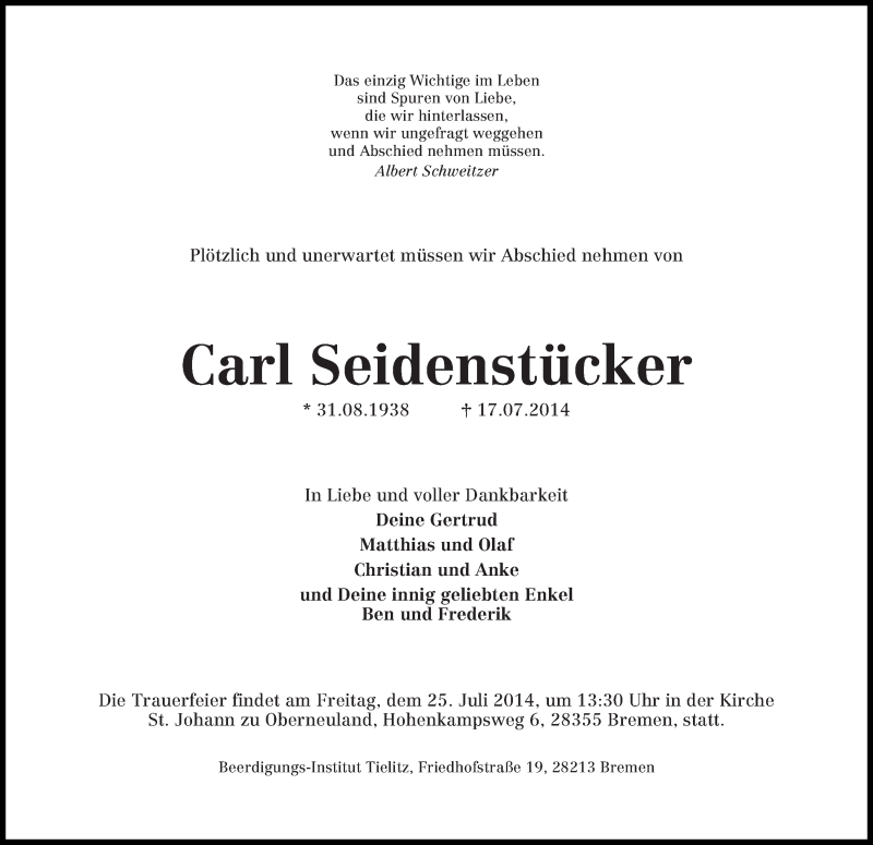 Traueranzeige von Carl Seidenstücker von WESER-KURIER