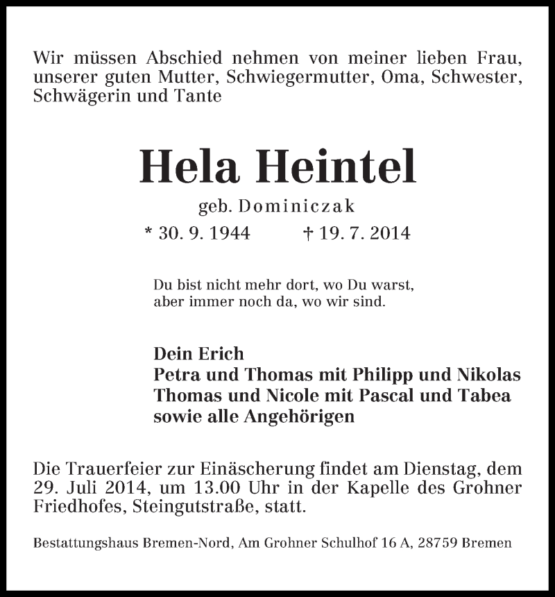 Traueranzeige von Hela Heintel von Die Norddeutsche