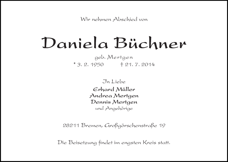 Traueranzeige von Daniela Büchner von WESER-KURIER