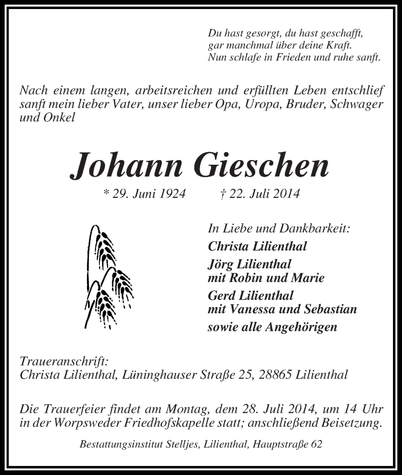 Traueranzeige von Johann Gieschen von Wuemme Zeitung