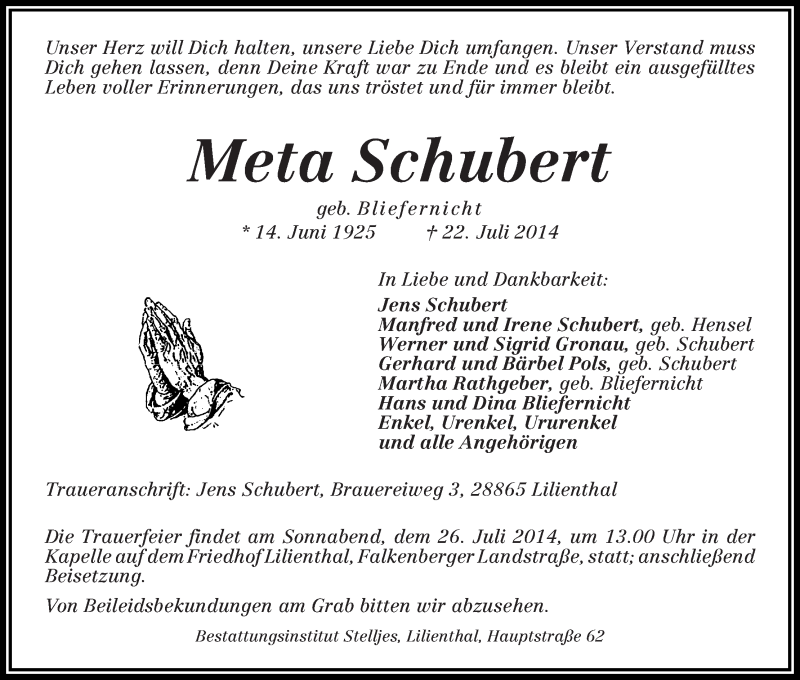 Traueranzeige von Meta Schubert von Wuemme Zeitung