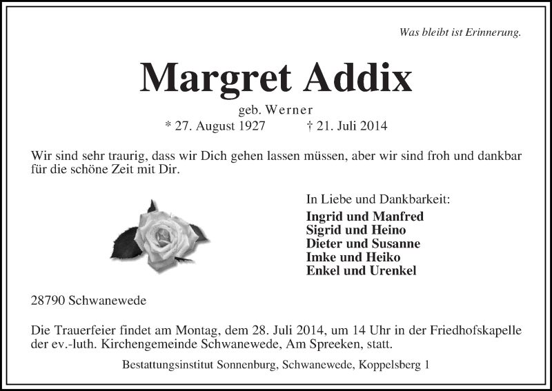 Traueranzeige von Margret Addix von Die Norddeutsche