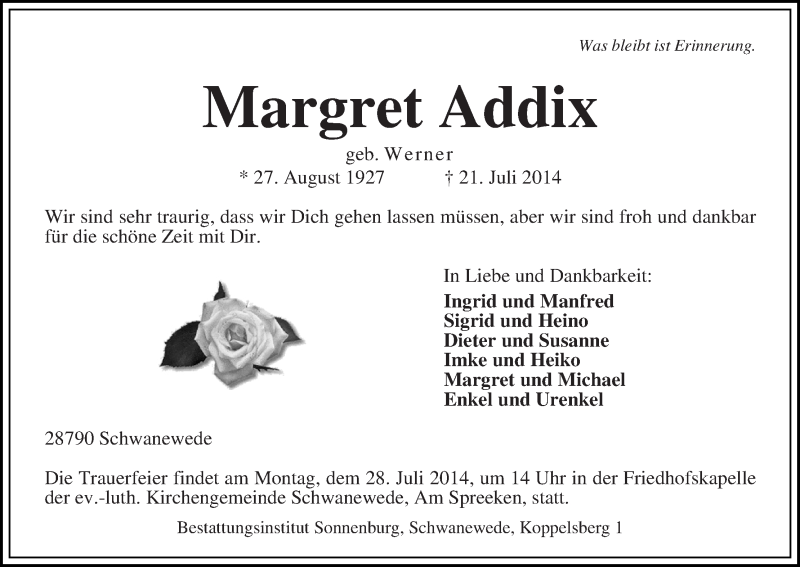 Traueranzeige von Margret Addix von Die Norddeutsche