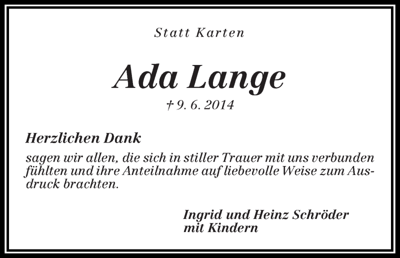 Traueranzeige von Ada Lange von Die Norddeutsche
