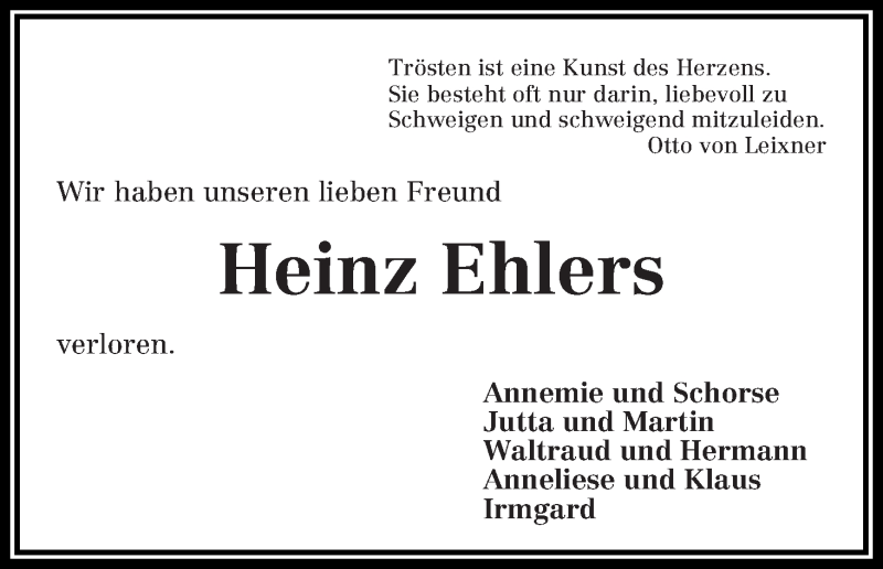Traueranzeige von Heinz Ehlers von Wuemme Zeitung