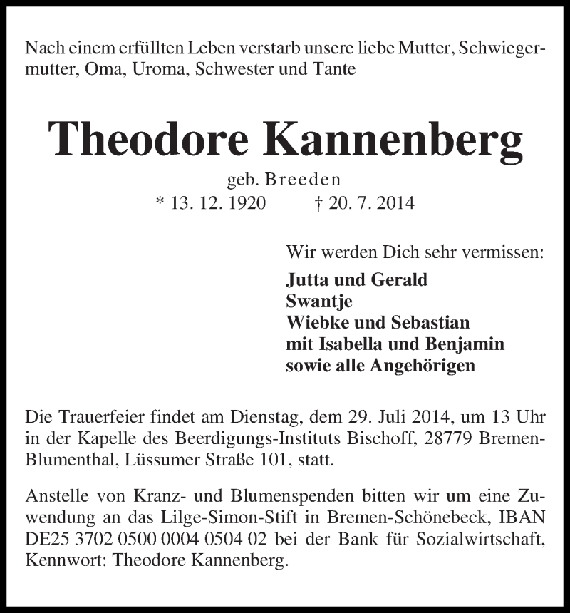 Traueranzeige von Theodore Kannenberg von Die Norddeutsche