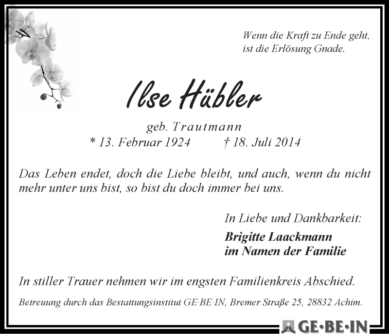 Traueranzeige von Ilse Hübner von WESER-KURIER