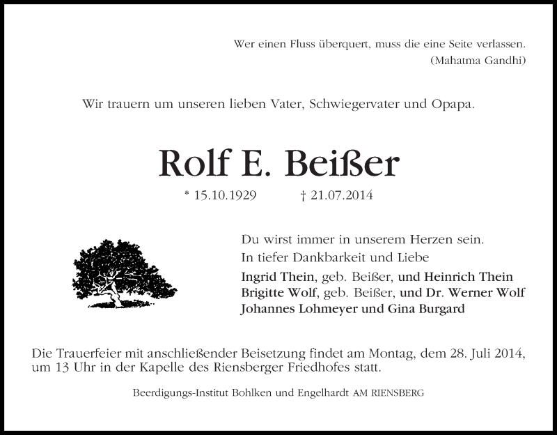 Traueranzeige von Rolf E. Beißer von WESER-KURIER