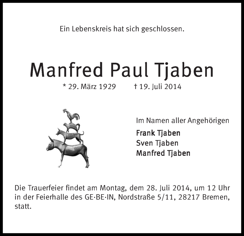 Traueranzeige von Manfred Paul Tjaben von WESER-KURIER