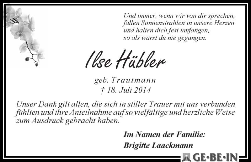 Traueranzeige von Ilse Hübler von WESER-KURIER