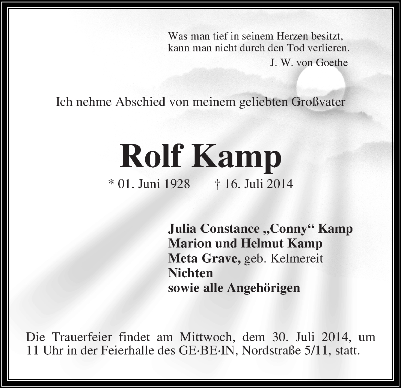 Traueranzeige von Rolf Kamp von WESER-KURIER