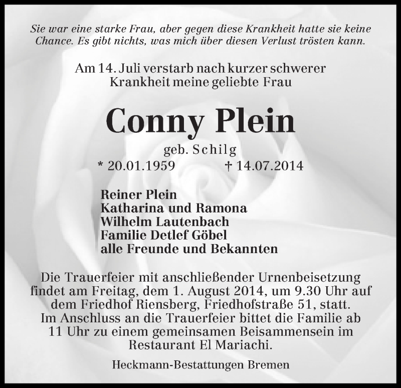 Traueranzeige von Conny Plein von WESER-KURIER