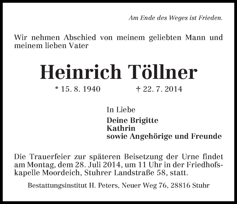 Traueranzeige von Heinrich Töllner von WESER-KURIER