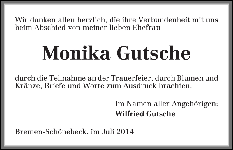 Traueranzeige von Monika Gutsche von Die Norddeutsche