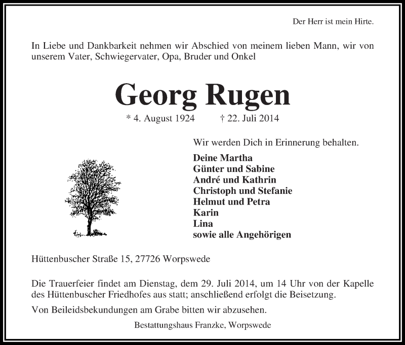 Traueranzeige von Georg Rugen von Wuemme Zeitung