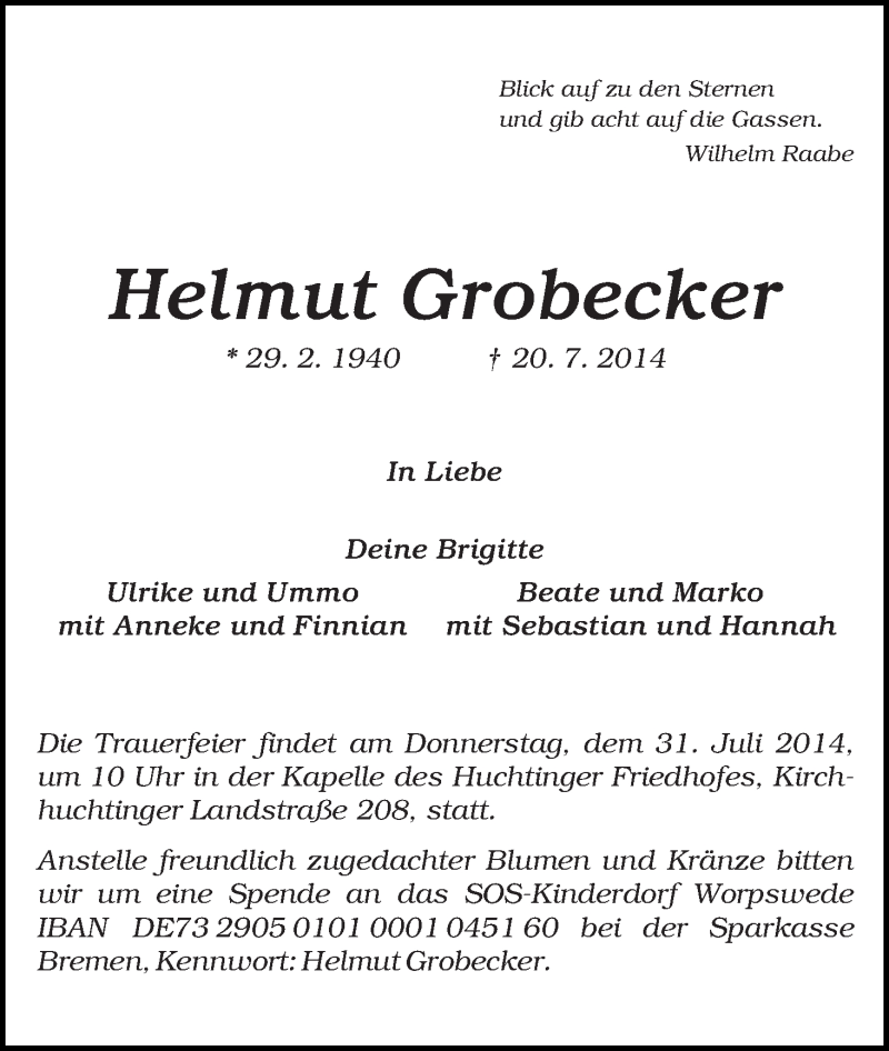 Traueranzeige von Helmut Grobecker von WESER-KURIER