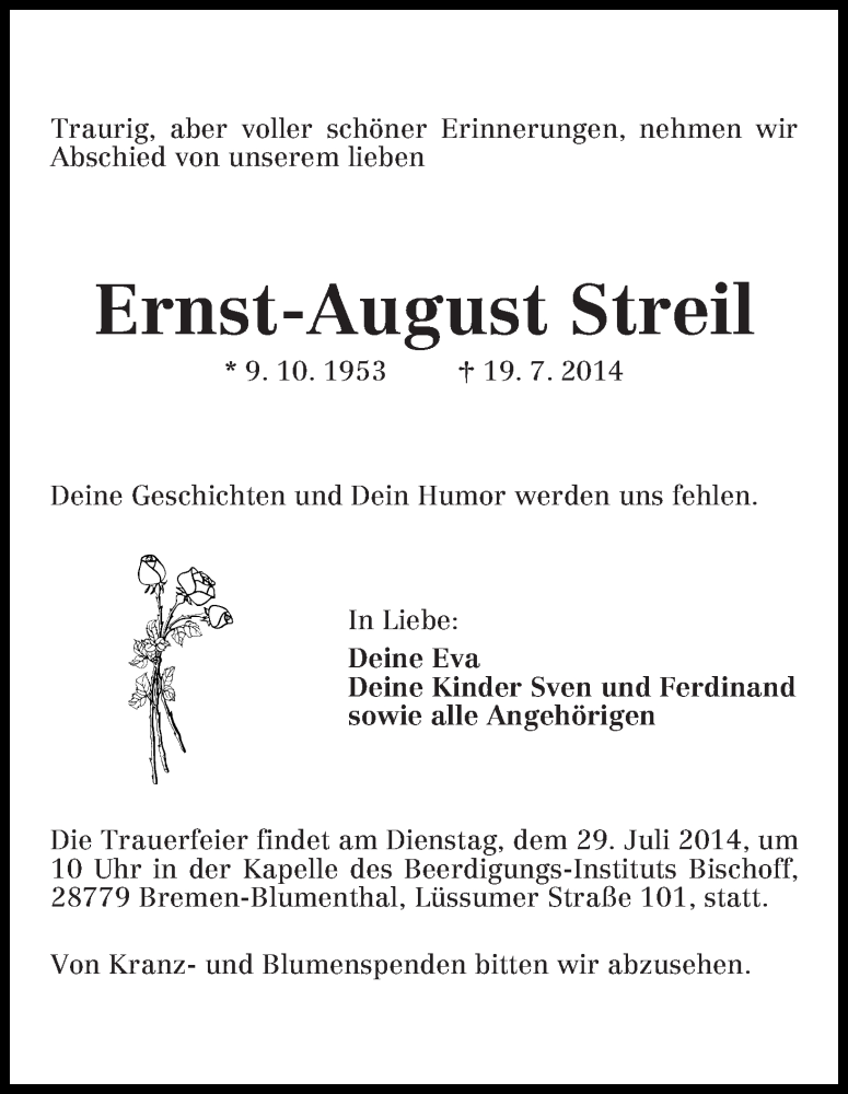 Traueranzeige von Ernst-August Streil von Die Norddeutsche