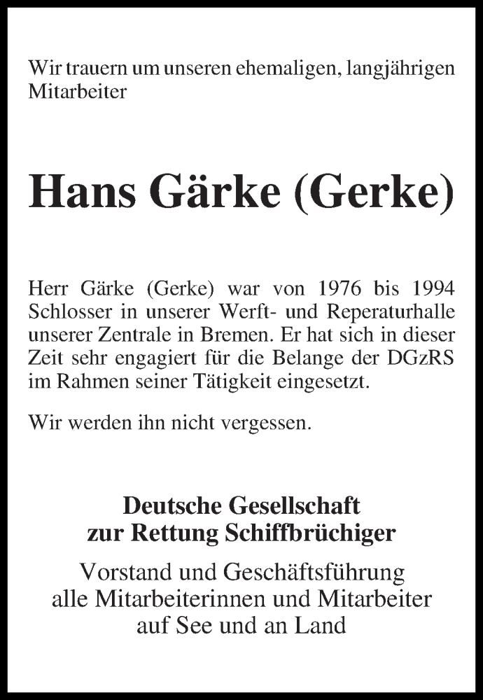 Traueranzeige von Hans Gärke (Gerke) von WESER-KURIER