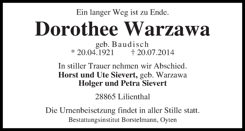 Traueranzeige von Dorothee Warzawa von WESER-KURIER