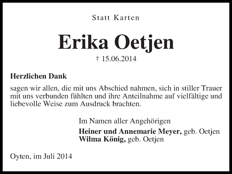Traueranzeige von Erika Oetjen von Achimer Kurier/Verdener Nachrichten