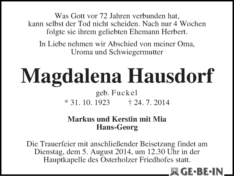Traueranzeige von Magdalena Hausdorf von WESER-KURIER