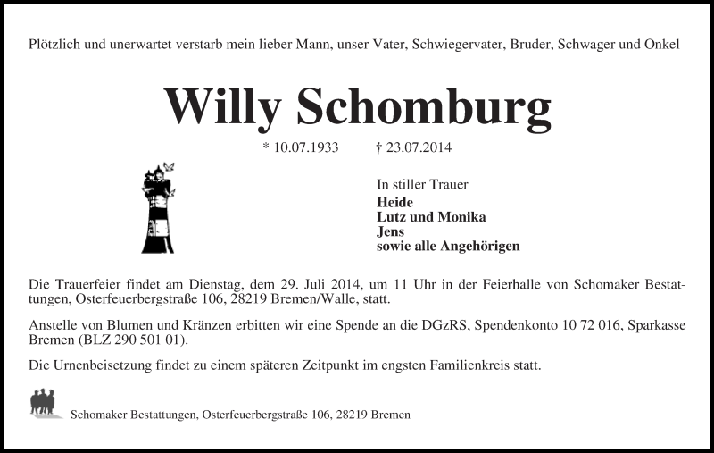Traueranzeige von Willy Schomburg von WESER-KURIER