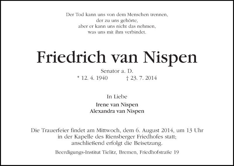 Traueranzeige von Friedrich van Nispen von WESER-KURIER