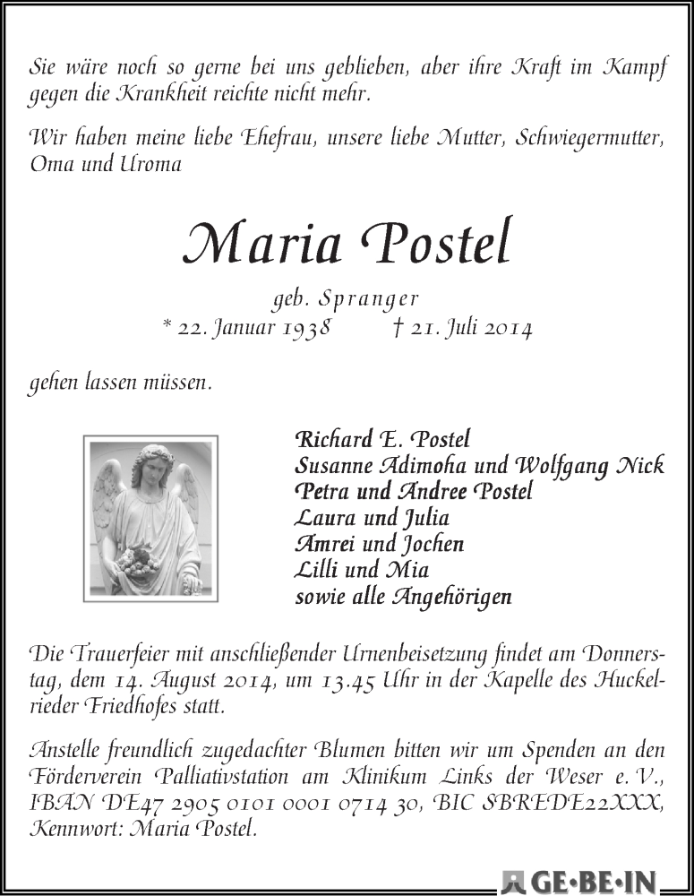 Traueranzeige von Maria Postel von WESER-KURIER