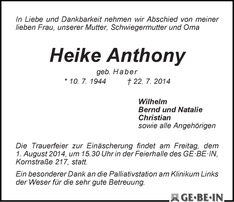 Traueranzeige von Heike Anthony von WESER-KURIER