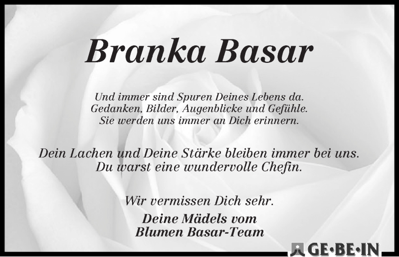 Traueranzeige von Branka Basar von WESER-KURIER