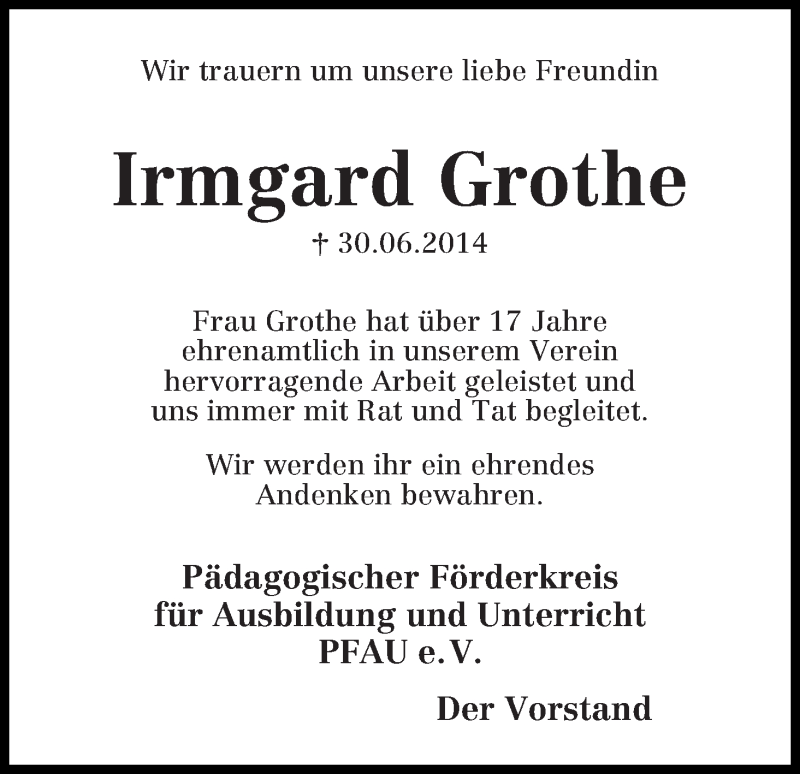 Traueranzeige von Irmgard Grothe von Die Norddeutsche
