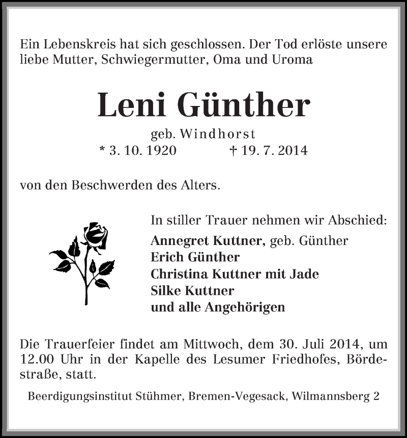 Traueranzeige von Leni Günther von Die Norddeutsche