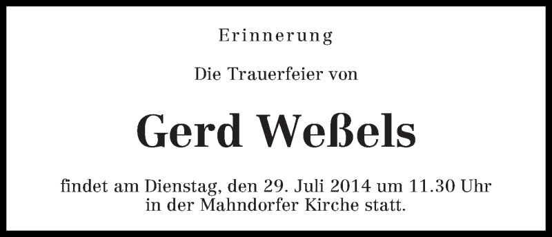 Traueranzeige von Gerd Weßels von WESER-KURIER
