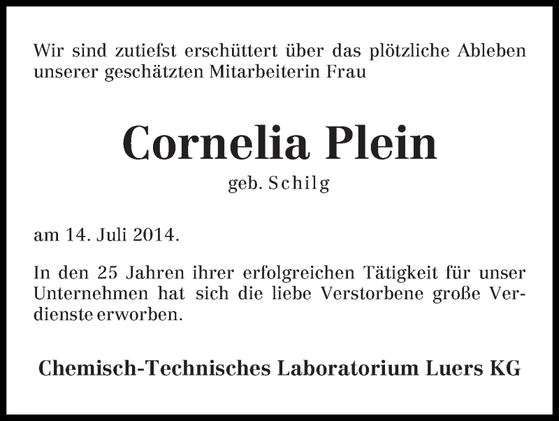 Traueranzeige von Cornelia Plein von WESER-KURIER