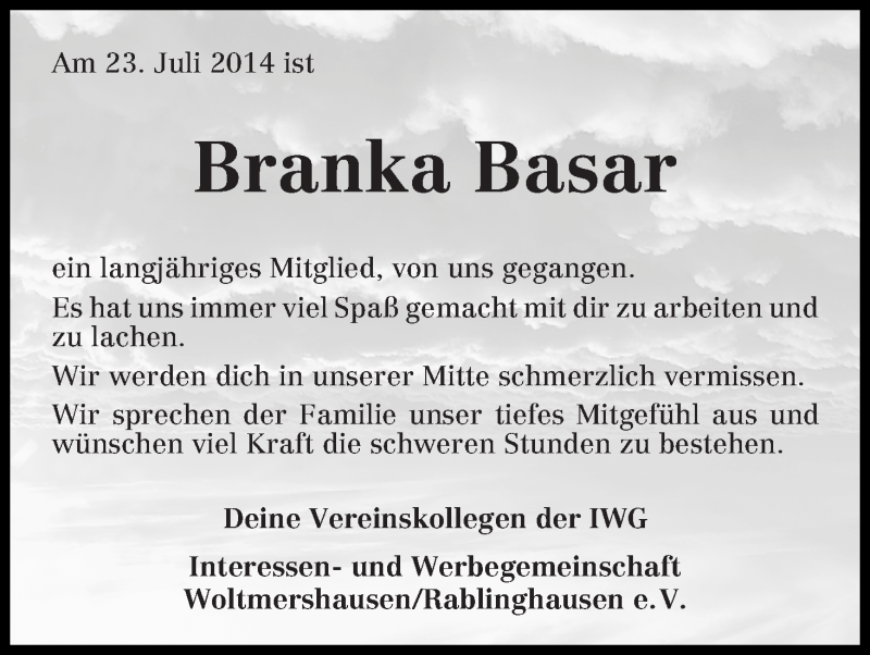 Traueranzeige von Branka Basar von WESER-KURIER