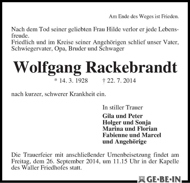 Traueranzeige von Wolfgang Rackebrandt von WESER-KURIER