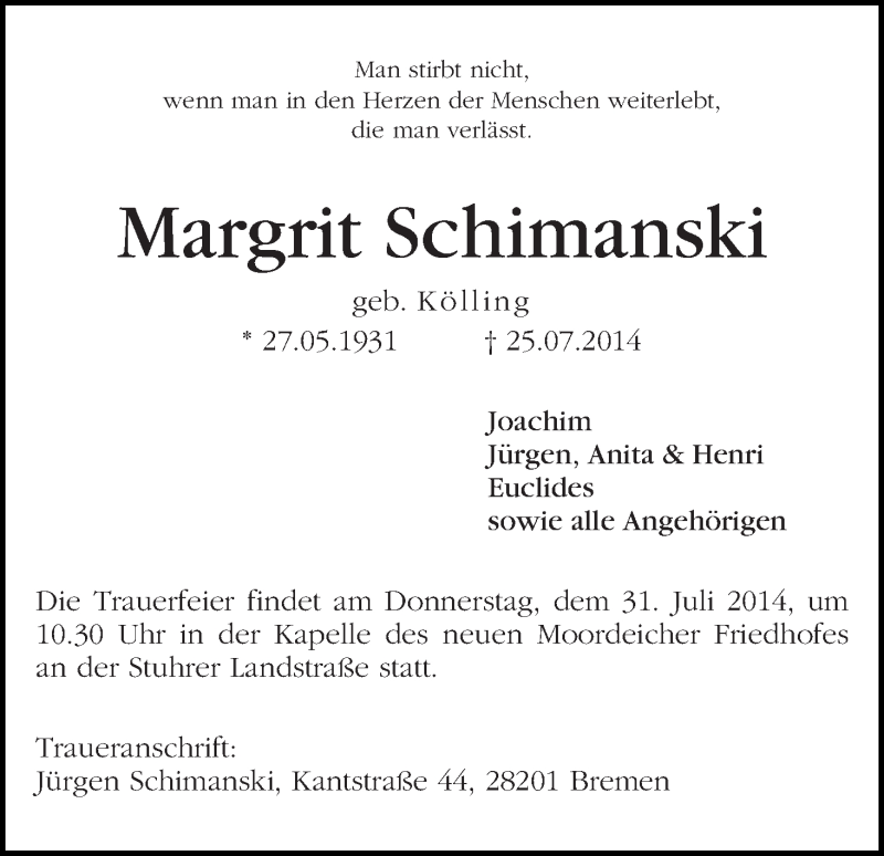 Traueranzeige von Margrit Schimanski von WESER-KURIER