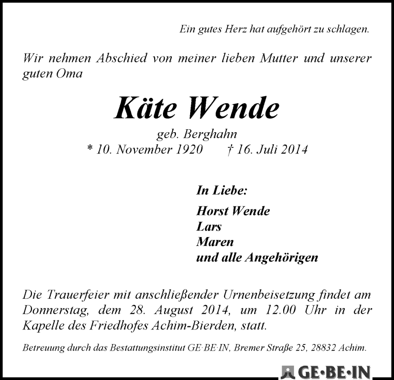 Traueranzeige von Käte Wende von WESER-KURIER