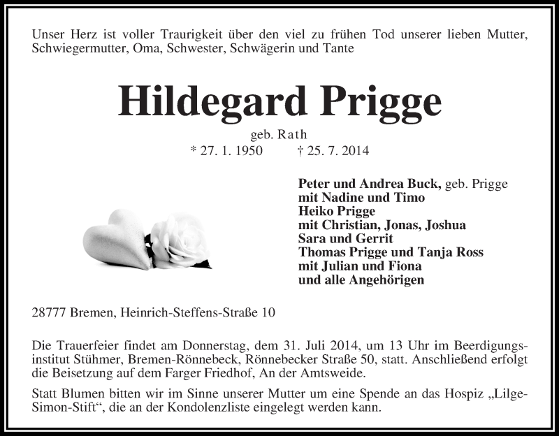 Traueranzeige von Hildegard Prigge von Die Norddeutsche