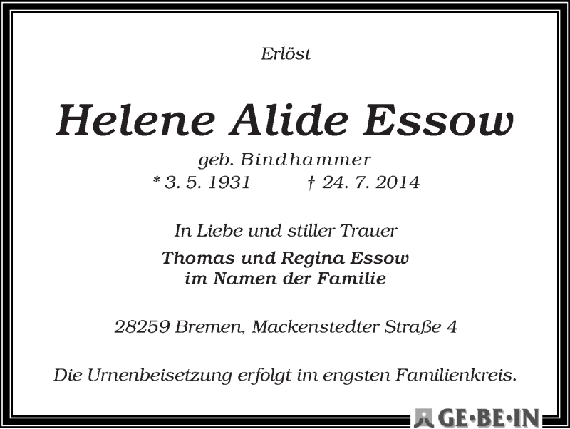 Traueranzeige von Helene Alide Essow von WESER-KURIER