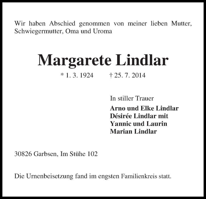 Traueranzeige von Margarete Lindlar von WESER-KURIER
